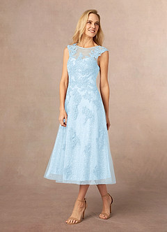 Azazie Flynn Mother of the Bride Dresses Sky Blue A-Line Boatneck Lace Tulle Dress image2
