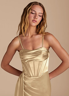 Azazie Amyra Bridesmaid Dresses Champagne Mermaid Sweetheart Neckline Metallic Satin Convertible Dress image2