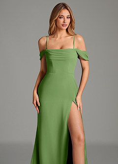 Azazie Riley Essayer des robes à la maison Robe Fourreau Convertible en Mousseline de soie Épaule décolletée Basilic image8