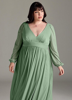 Azazie Norah Robes de demoiselle d'honneur Robe Trapèze en Mousseline de soie Col en V, manches longues Matcha image12
