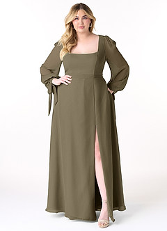 Azazie Leonia Bridesmaid Dresses Willow Green A-Line Long Sleeve Chiffon Dress image11