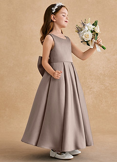Azazie Honey Bear Flower Girl Dresses Taupe A-Line Pleated Matte Satin Dress image2