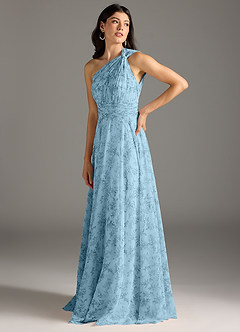 Azazie Charlize Vestidos de damas de honor Vestido de Floral Helecho Azul de Gasa de Corte en A con Hombro unilateral image5