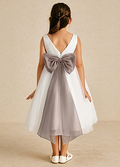 Azazie Kavi Blumenmädchenkleider A-Linie Schleifen Matte Satin Kleid Elfenbein Taupe image1