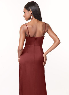 Azazie Maci Bridesmaid Dresses Terracotta A-Line V-Neck Pleated Stretch Satin Dress image4