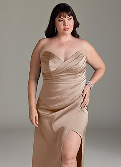 Azazie Yola Bridesmaid Dresses Taupe Sheath V-Neck Pleated Stretch Satin Convertible Dress image13
