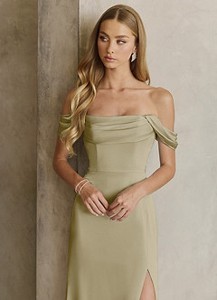 Azazie Saige Bridesmaid Dresses Moss Green Sheath Off the Shoulder Stretch Satin Dress image2