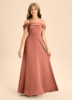 Azazie Anselie Junior Jurk van Stretch Satijn met A-Lijn Off the Shoulder Klei image6