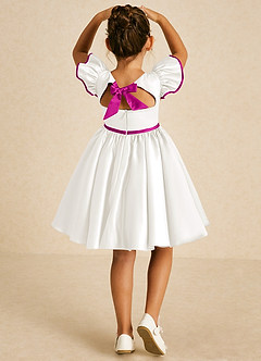 Azazie Sugar Plum Blumenmädchenkleider A-Linie Schleifen Matte Satin Kleid Elfenbein Fuchsia image1