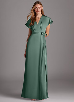 Azazie Nico Bridesmaid Dresses Eucalyptus A-Line V-Neck Stretch Satin Dress image1