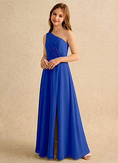 Azazie Puddles Girls Formal Robe Demoiselle D'honneur Fillette Robe Trapèze en Mousseline de soie Une épaule Bleu Roi image4