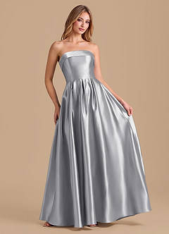Azazie Lucienne Brautjungfernkleider A-Linie Plissee Metallischer Satin Kleid Silber image3
