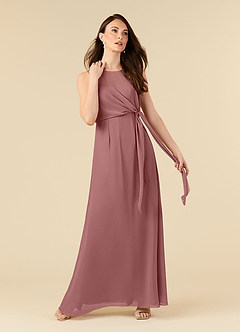 Azazie Marchioness vestidos de madre de la novia Vestido de Rosa Del Desierto de Gasa de Corte En A con Cuello redondo plisado image1