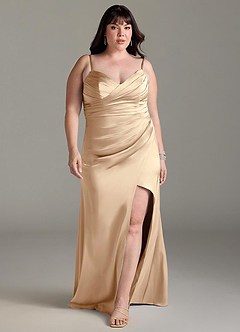 Azazie Yola Bridesmaid Dresses Champagne Sheath V-Neck Pleated Stretch Satin Convertible Dress image9