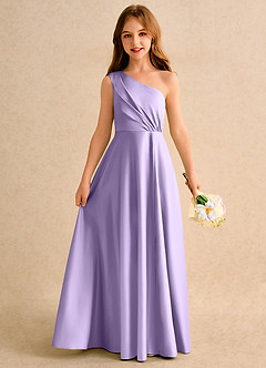 Azazie Puddles Girls Formal Flower Girl Dresses Lilac A-Line One Shoulder Matte Satin Dress image1