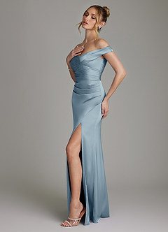 Azazie Teyana Bridesmaid Dresses Dusty Blue Sheath Off the Shoulder Stretch Satin Dress image6