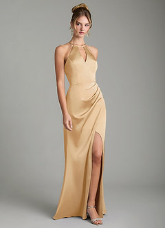 Azazie Aidyn Robes de demoiselle d'honneur Robe Fourreau en Satin extensible Plissé Or image3