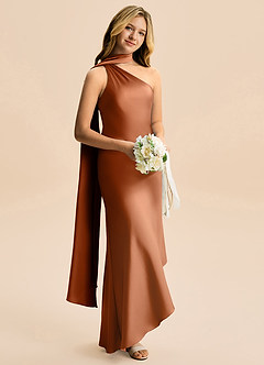 Azazie Briony Junior Copper Sheath Pleated Stretch Satin Dress image4