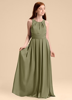 Azazie Bibiane Junior Vestido de Pistacho de Satén Elástico de Corte en A con Plisado image1