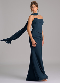 Azazie Sorrel Vestidos de damas de honor Vestido Azul Marino Oscuro de Gasa de Corte Sirena con Corsé image3