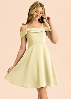 Azazie Anselie Junior Lemon Sorbet A-Line Off the Shoulder Stretch Satin Dress image1