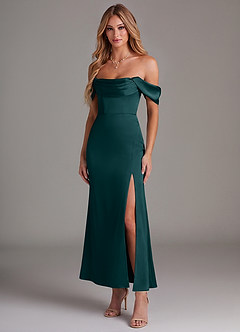 Azazie Saige Bridesmaid Dresses Pine Mermaid Off the Shoulder Stretch Satin Dress image1