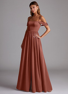 Azazie Calianna Vestidos de madrinha de casamento Vestir Castanho Aloirado de Cetim elástico de Linha A com Fora do ombro image3