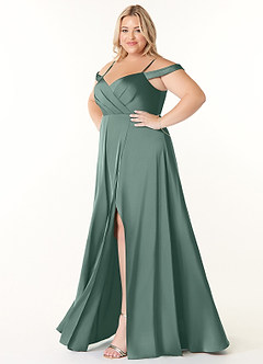 Azazie Ocean Bridesmaid Dresses Eucalyptus A-Line V-Neck Pleated Stretch Satin Dress image8