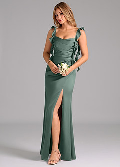 Azazie Jessamine Bridesmaid Dresses Sea Moss A-Line Corset Stretch Satin Dress image1