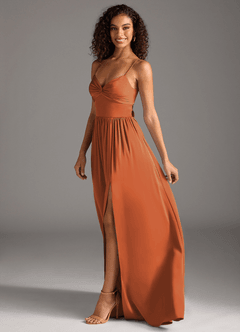 Azazie Zeya Bridesmaid Dresses Cinnamon A-Line Pleated Stretch Satin Dress image7