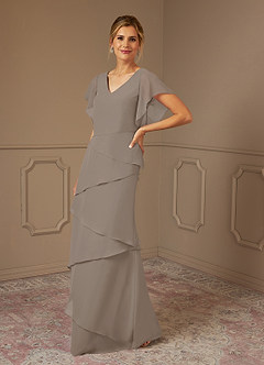 Azazie OHara Mother of the Bride Dresses Taupe A-Line V-Neck Chiffon Dress image4