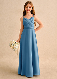 Azazie Umina Girls Formal Flower Girl Dresses Steel Blue A-Line Pleated Matte Satin Dress image5