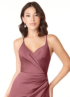 Azazie Geanna Bridesmaid Dresses Desert Rose Sheath V-Neck Pleated Stretch Satin Dress image5