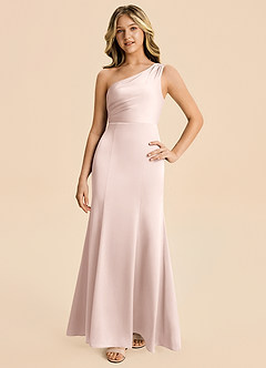 Azazie Ren Junior Blushing Pink A-Line Pleated Stretch Satin Dress image4