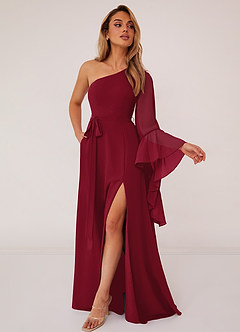 Barbie ♥ Azazie Bridesmaid Dresses Burgundy A-Line Long Sleeve Chiffon Dress image3