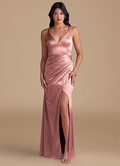 Azazie Shania Vestidos de damas de honor Vestido de Rosa Polvorienta de Satén Metálico de Corte Recto con Plisado image1