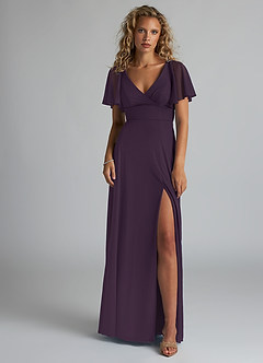 Azazie Induh Bridesmaid Dresses Plum A-Line Flutter V-neck Mesh Dress image2