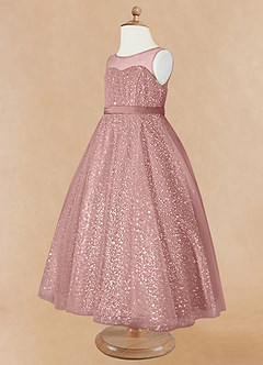 Azazie Siwa Robe Demoiselle D'honneur Fillette Robe Trapèze en Tulle Perlé Rose Poussiéreuse image7