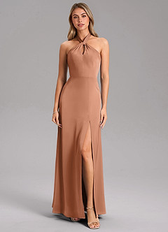 Azazie Tracie At-home Try On Dresses Bronzer A-Line Side Slit Stretch Satin Dress image5