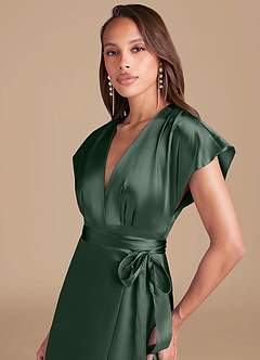 Azazie Nico Bridesmaid Dresses Eucalyptus A-Line Pleated Metallic Satin Dress image2