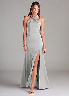 Azazie Rue Bridesmaid Dresses Silver A-Line Pleated Stretch Satin Dress image3