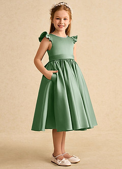 Azazie Dumpling Flower Girl Dresses Matcha A-Line Bow Matte Satin Dress image3