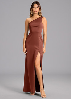 Azazie Phaedra Bridesmaid Dresses Auburn A-Line One Shoulder Stretch Satin Dress image1