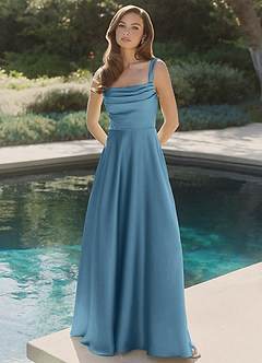 Azazie Shaude Bridesmaid Dresses Steel Blue A-Line Pleated Stretch Satin Dress image9