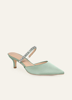 front Matching Color Stretch Satin Rhinestone Slip-on Kitten Heels