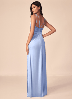 Azazie Aqua Abiti da Damigella Abito A-Line in Raso Elasticizzato con Scollo a V a Pieghe Ghiaccio image4