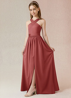 Azazie Jiya Junior Vestido de Rosa Antigua de Satén Elástico de Corte en A con Plisado image1