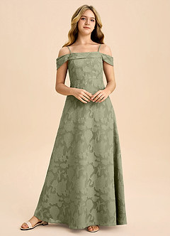 Azazie Anselie Junior Pistachio A-Line Off the Shoulder Floral Burnout Dress image4