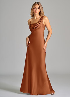 Azazie Celina Bridesmaid Dresses Copper Sheath Off the Shoulder Stretch Satin Dress image3