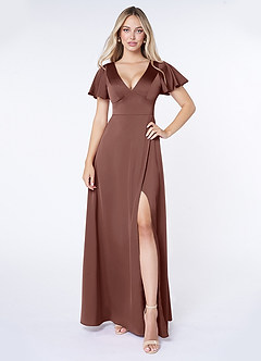 Azazie Lani Bridesmaid Dresses Espresso A-Line Flounce Sleeve Stretch Satin Dress image2